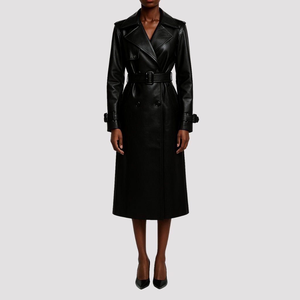 Elle Sophia PU Long Trench Coat in Black RRP £179