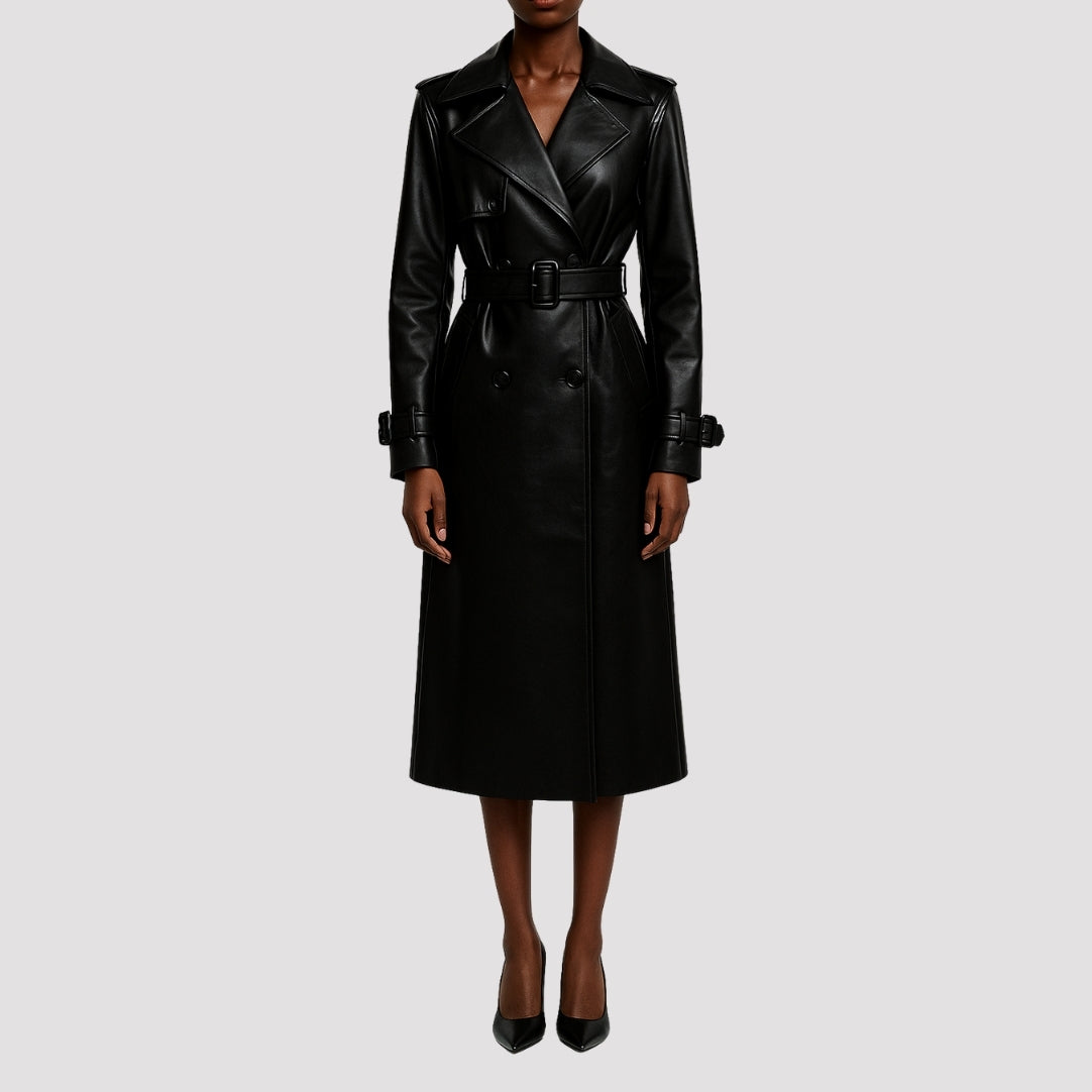 Elle Sophia PU Long Trench Coat in Black RRP £179