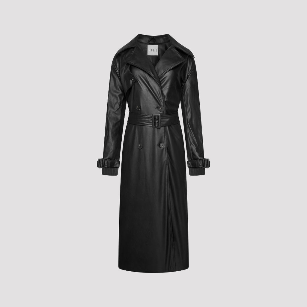 Elle Sophia PU Long Trench Coat in Black RRP £179
