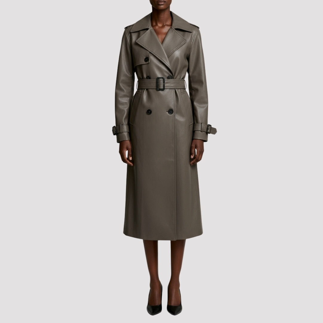Elle Sophia PU Long Trench Coat in Buff RRP £179