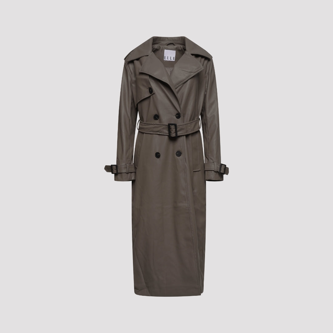 Elle Sophia PU Long Trench Coat in Buff RRP £179
