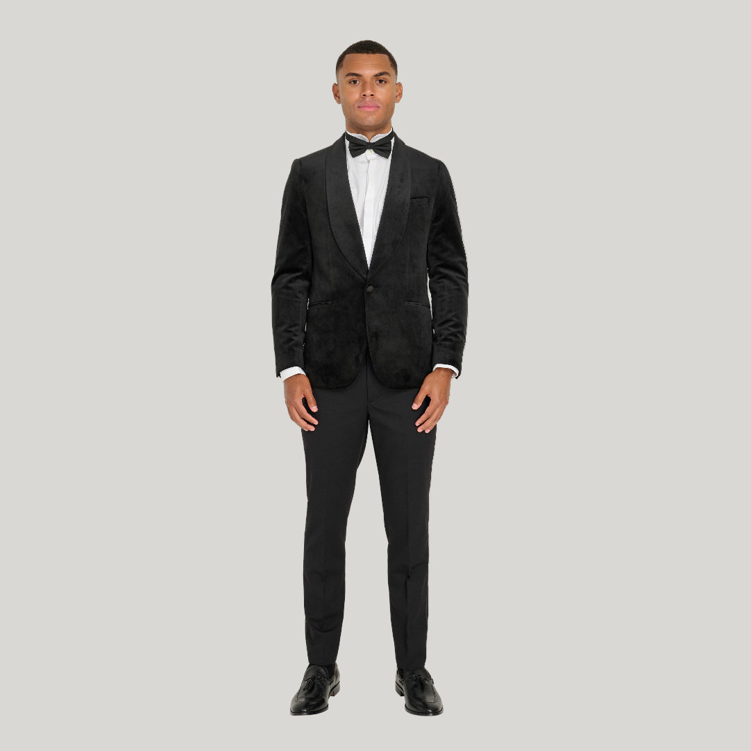 Leo Velvet Tuxedo Dinner Jacket with Shawl Lapel Detail in Black RRP £159