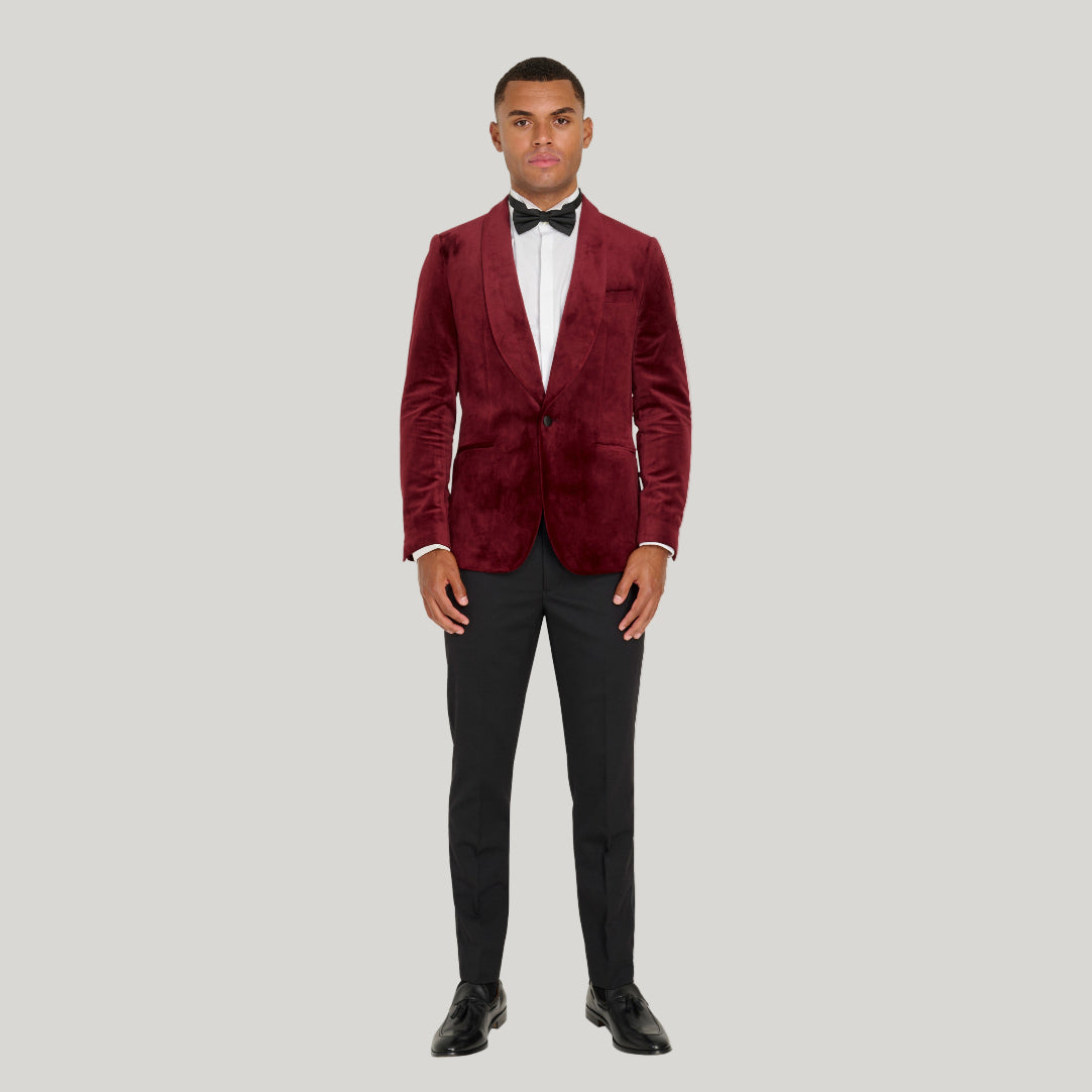 Leo Velvet Tuxedo Dinner Jacket with Shawl Lapel Detail in Burgundy  RRP £159