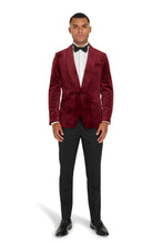 Load image into Gallery viewer, Leo Velvet Tuxedo Dinner Jacket with Shawl Lapel Detail in Burgundy  RRP £159
