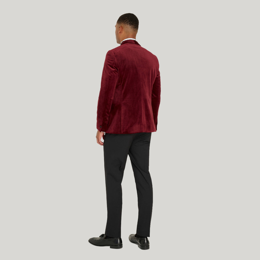 Leo Velvet Tuxedo Dinner Jacket with Shawl Lapel Detail in Burgundy  RRP £159