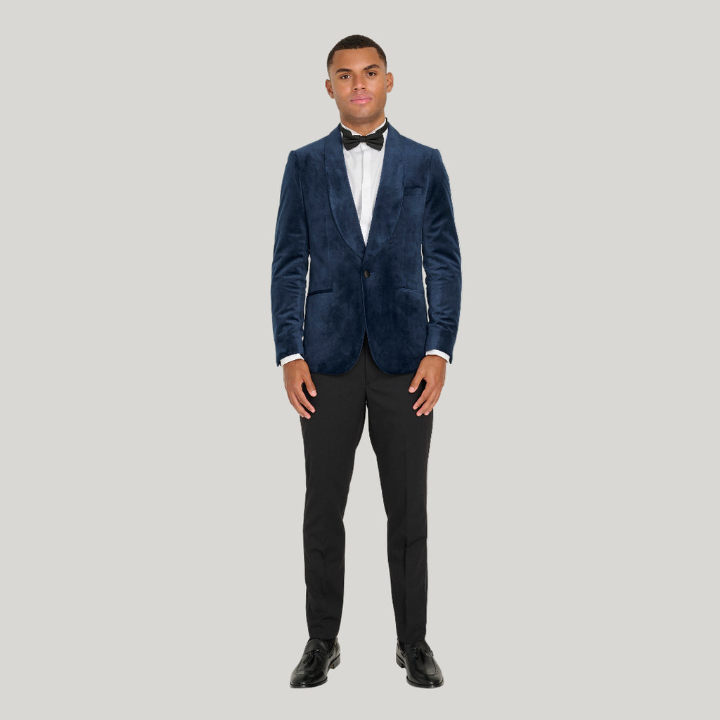Leo Velvet Tuxedo Dinner Jacket with Shawl Lapel Detail in Navy RRP £159