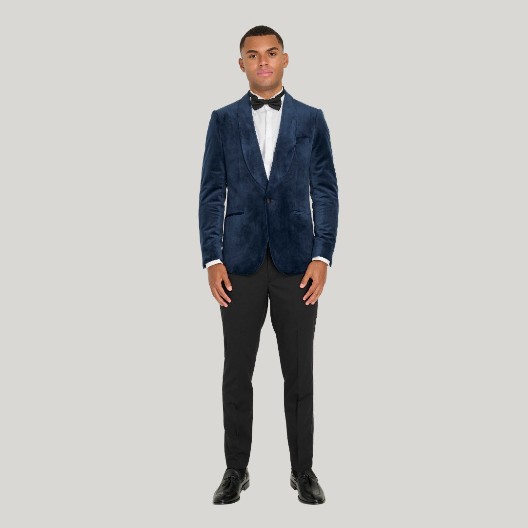 Leo Velvet Tuxedo Dinner Jacket with Shawl Lapel Detail in Navy RRP £159