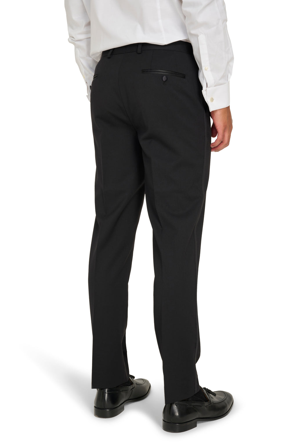Leo Tuxedo Dinner Trousers with Satin Stripe Detail in Black RRP £89