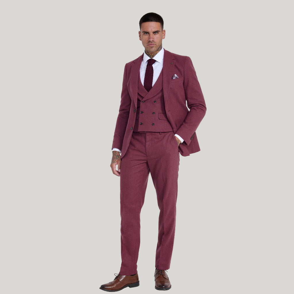 Eton Wool Tweed Three Piece Slim Fit Suit in Winter Berry RRP 299