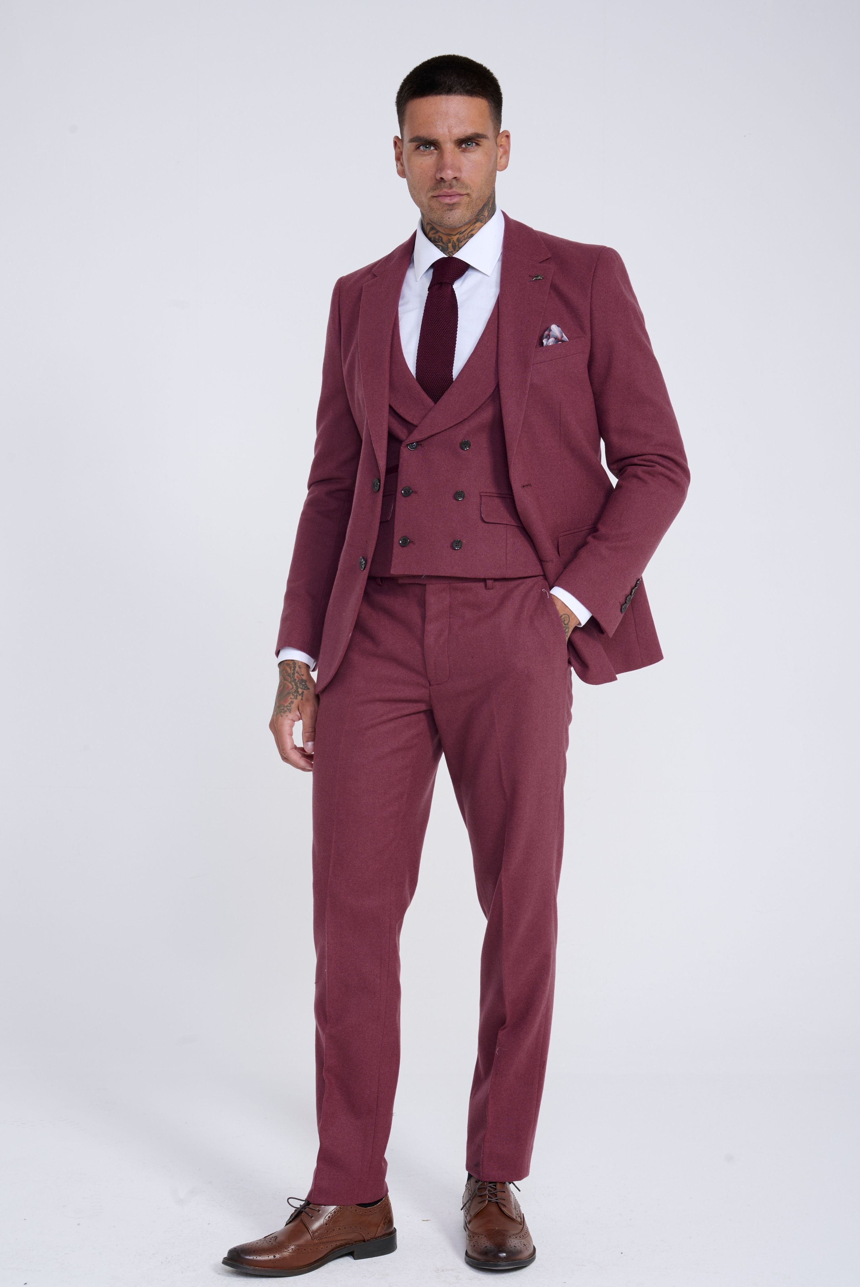 Eton Wool Tweed Three Piece Slim Fit Suit in Winter Berry RRP 299