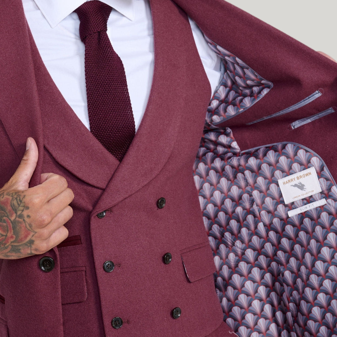 Eton Wool Tweed Three Piece Slim Fit Suit in Winter Berry RRP 299