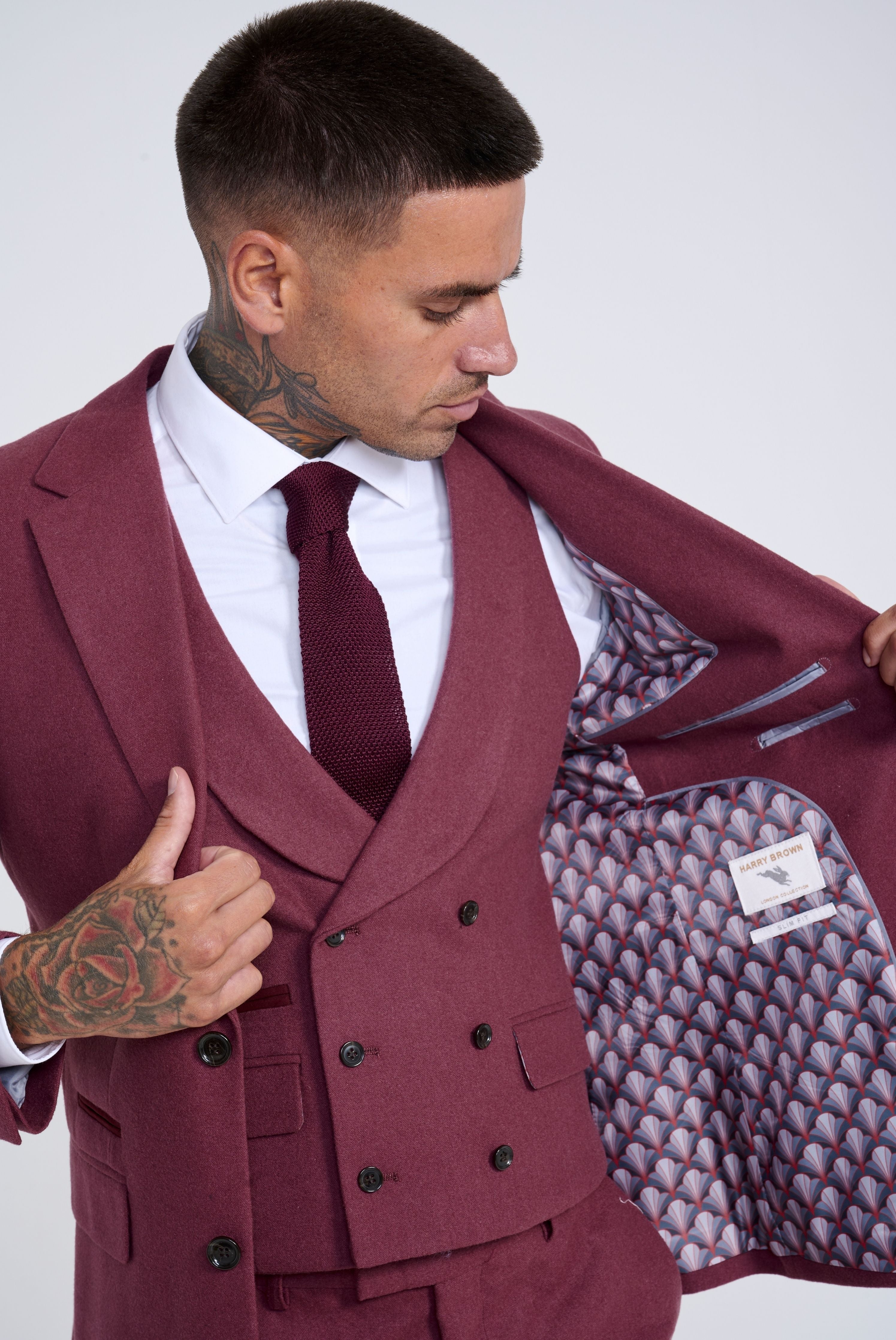 Eton Wool Tweed Three Piece Slim Fit Suit in Winter Berry RRP 299