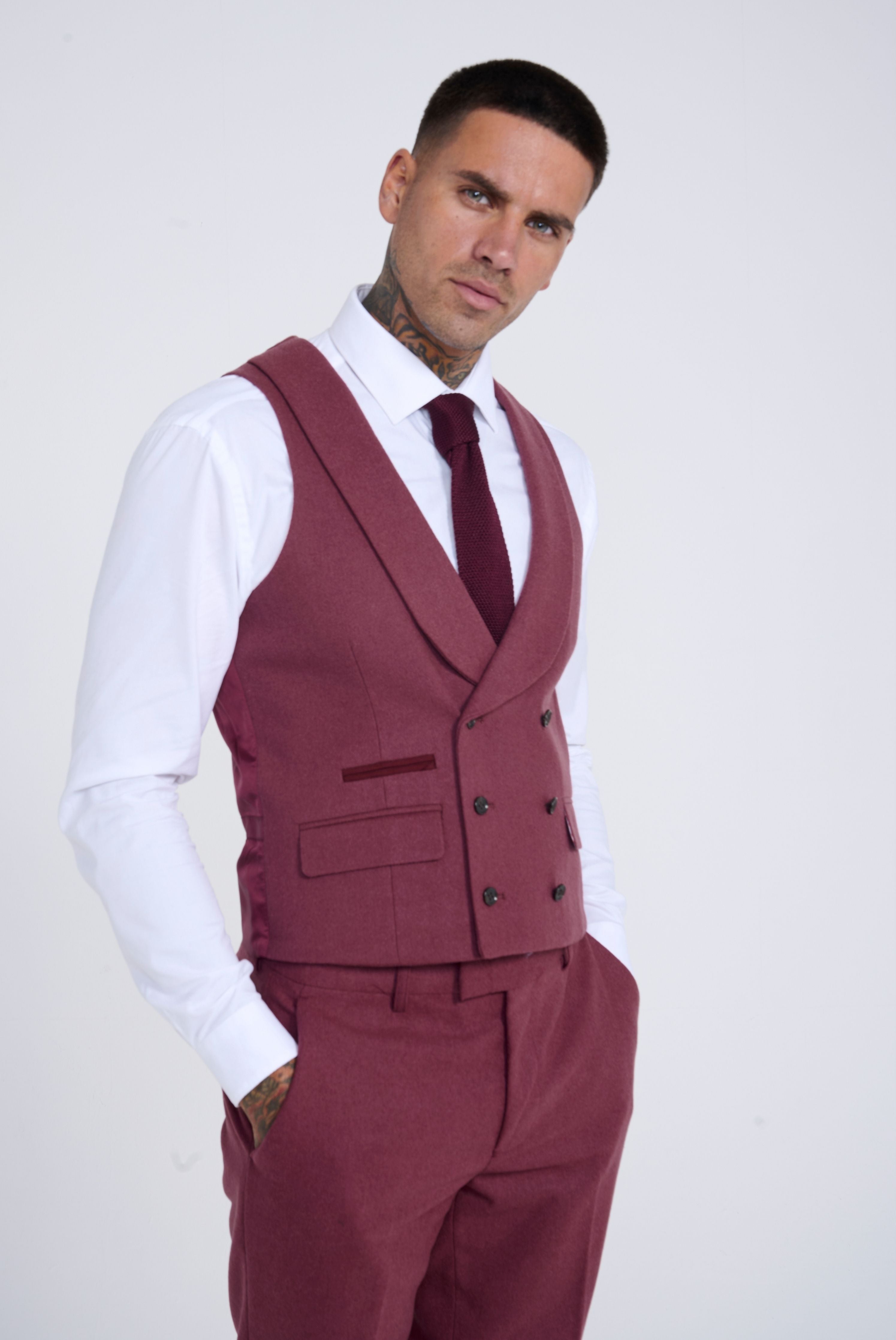 Eton Wool Tweed Three Piece Slim Fit Suit in Winter Berry RRP 299