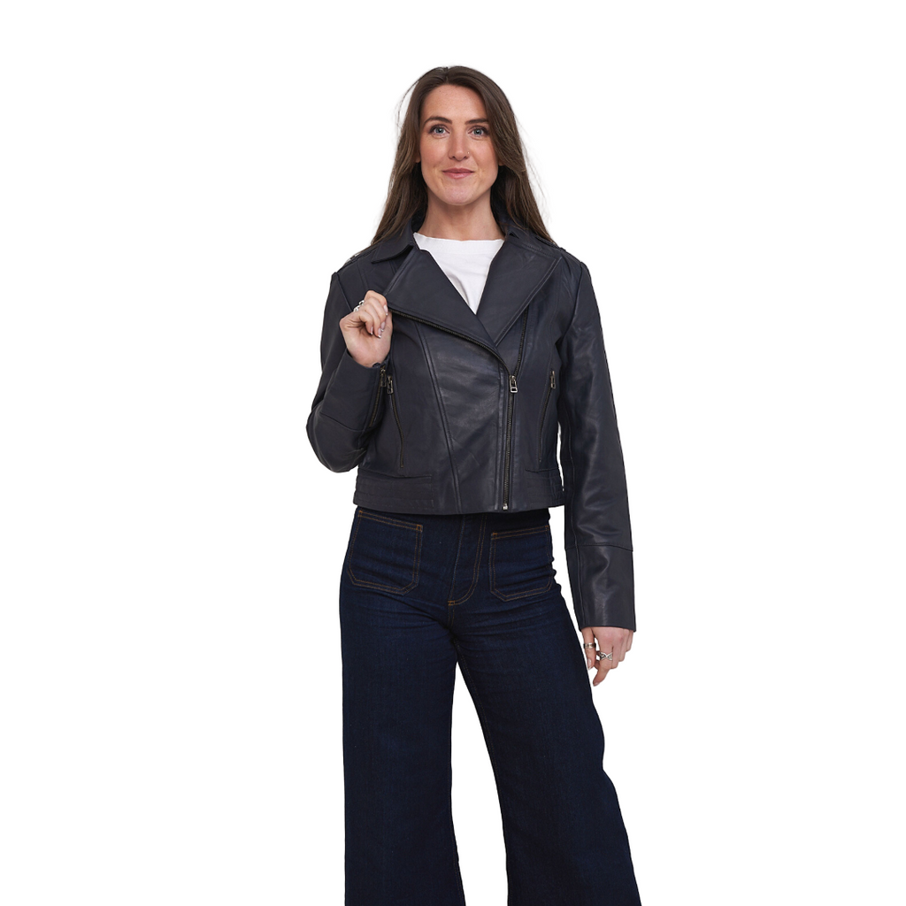 Elle Armin Leather Biker Jacket in Blue RRP £299