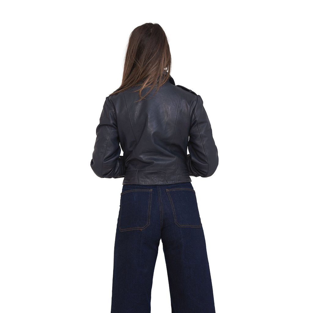 Elle Armin Leather Biker Jacket in Blue RRP £299