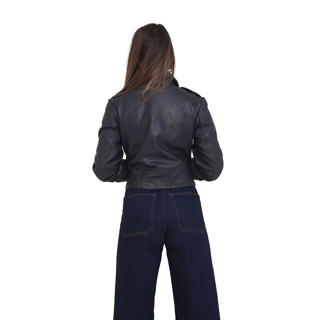 Elle Armin Leather Biker Jacket in Blue RRP £299