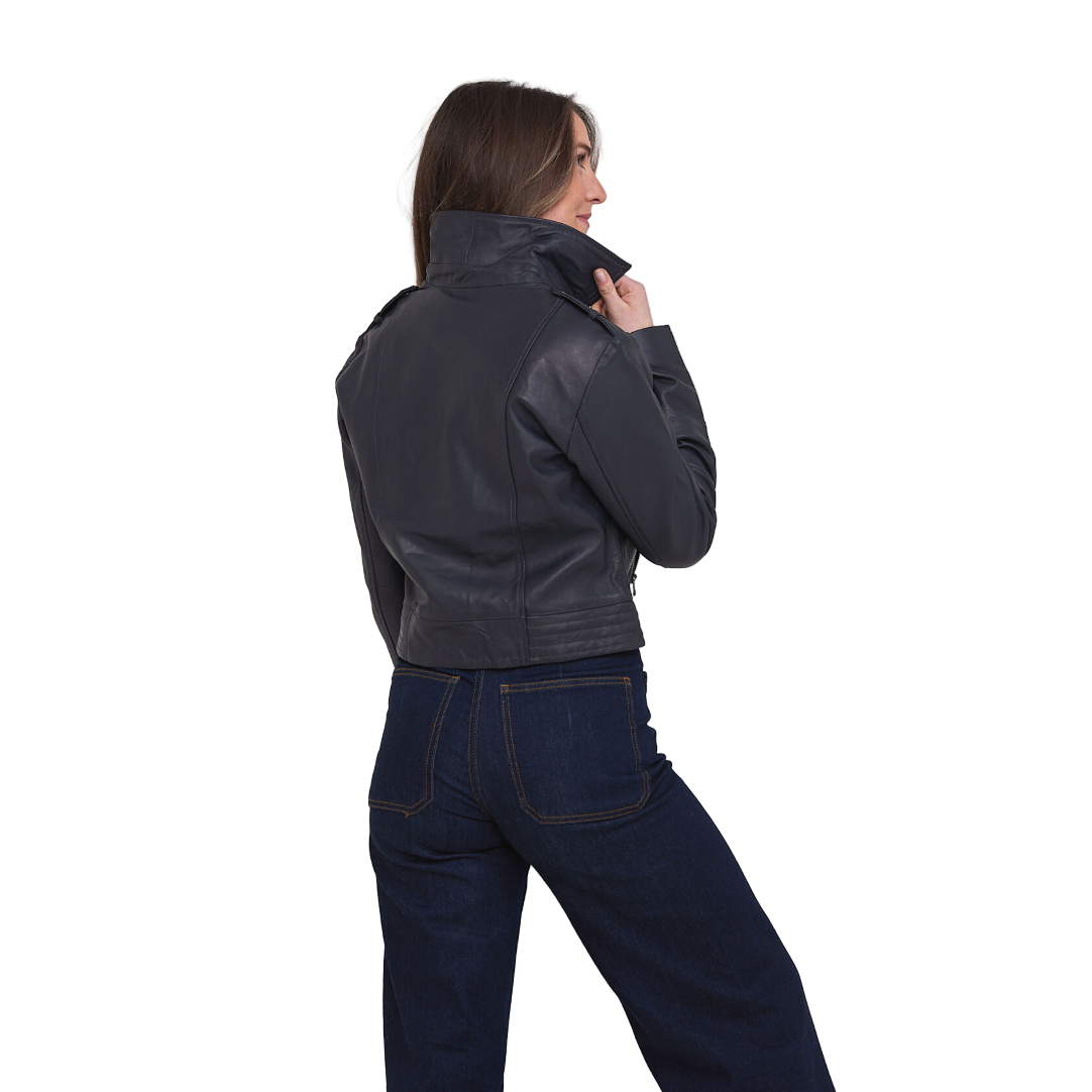 Elle Armin Leather Biker Jacket in Blue RRP £299