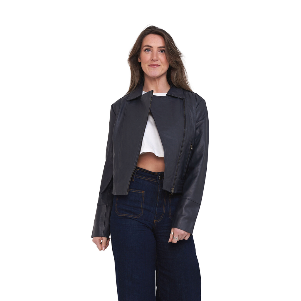 Elle Armin Leather Biker Jacket in Blue RRP £299