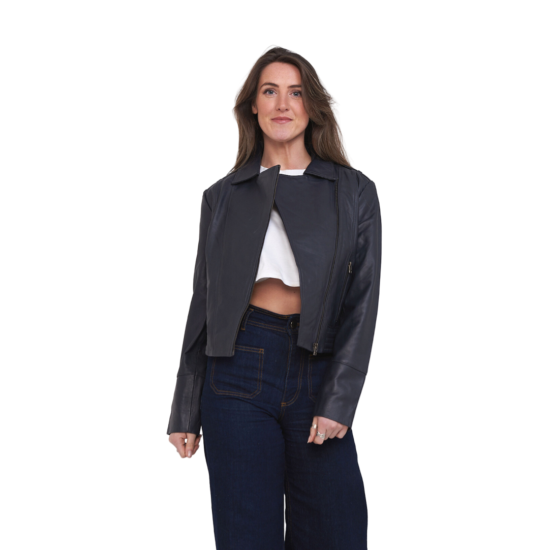 Elle Armin Leather Biker Jacket in Blue RRP £299