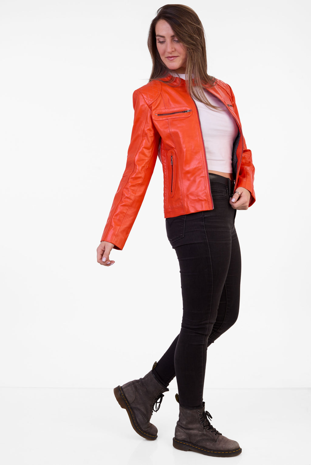 Pelle D’annata Ladies Real Leather Biker Jacket in Orange RRP £279