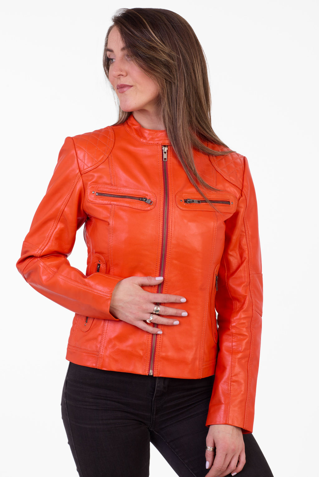 Pelle D’annata Ladies Real Leather Biker Jacket in Orange RRP £279