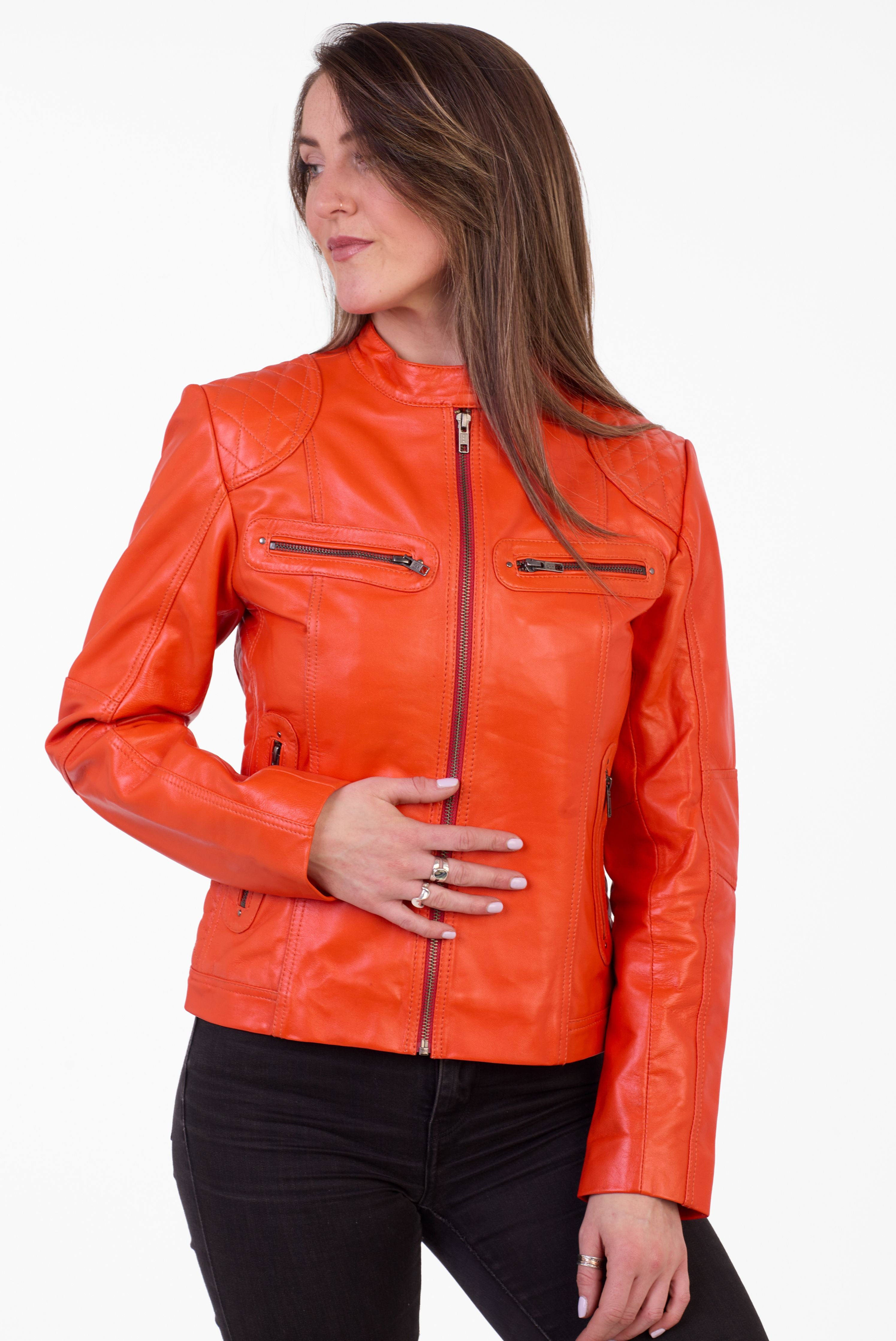 Pelle D’annata Ladies Real Leather Biker Jacket in Orange RRP £279