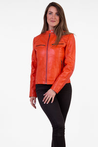 Pelle D’annata Ladies Real Leather Biker Jacket in Orange RRP £279