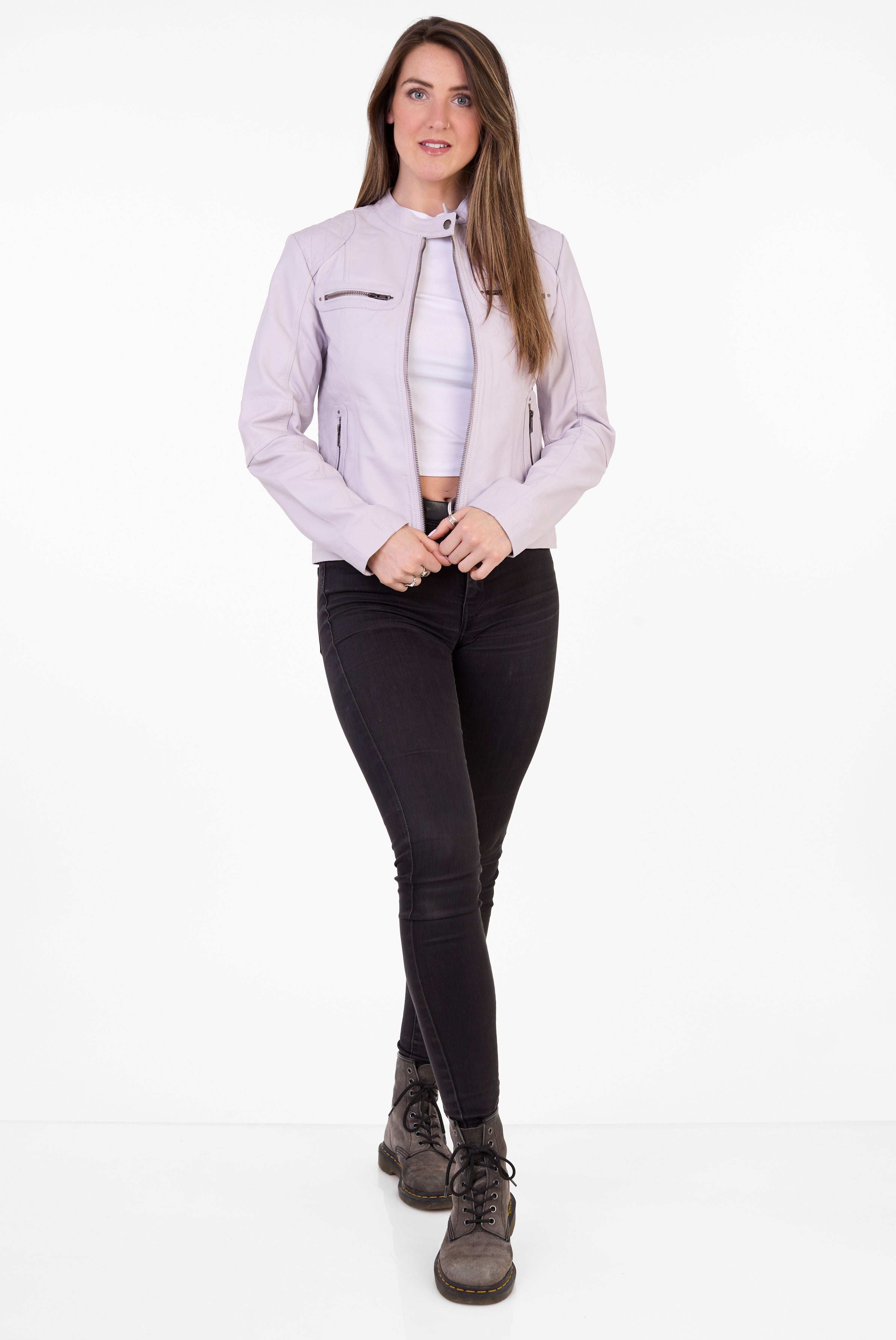 Pelle D’annata Ladies Real Leather Biker Jacket in Lavender RRP £279