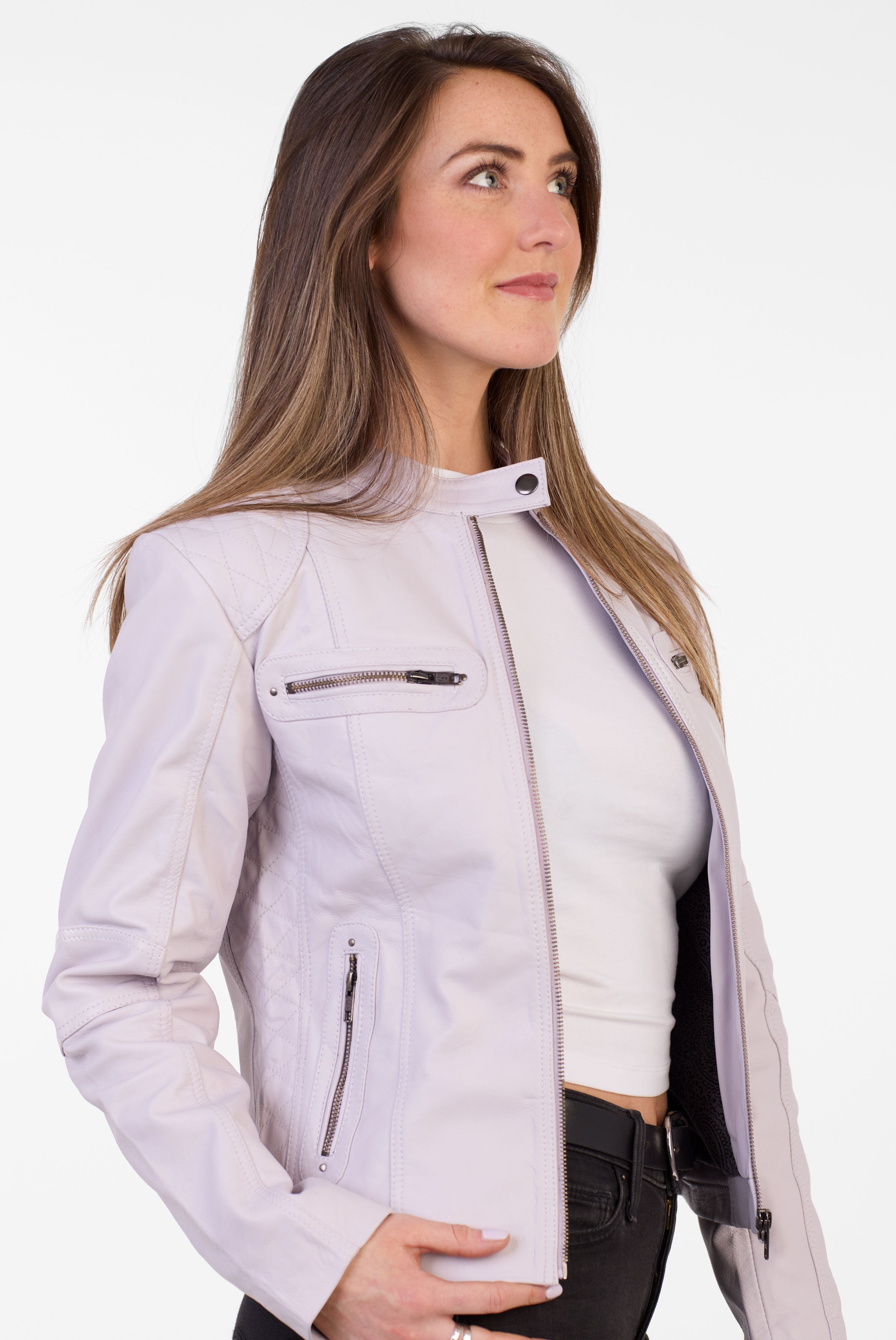 Pelle D’annata Ladies Real Leather Biker Jacket in Lavender RRP £279