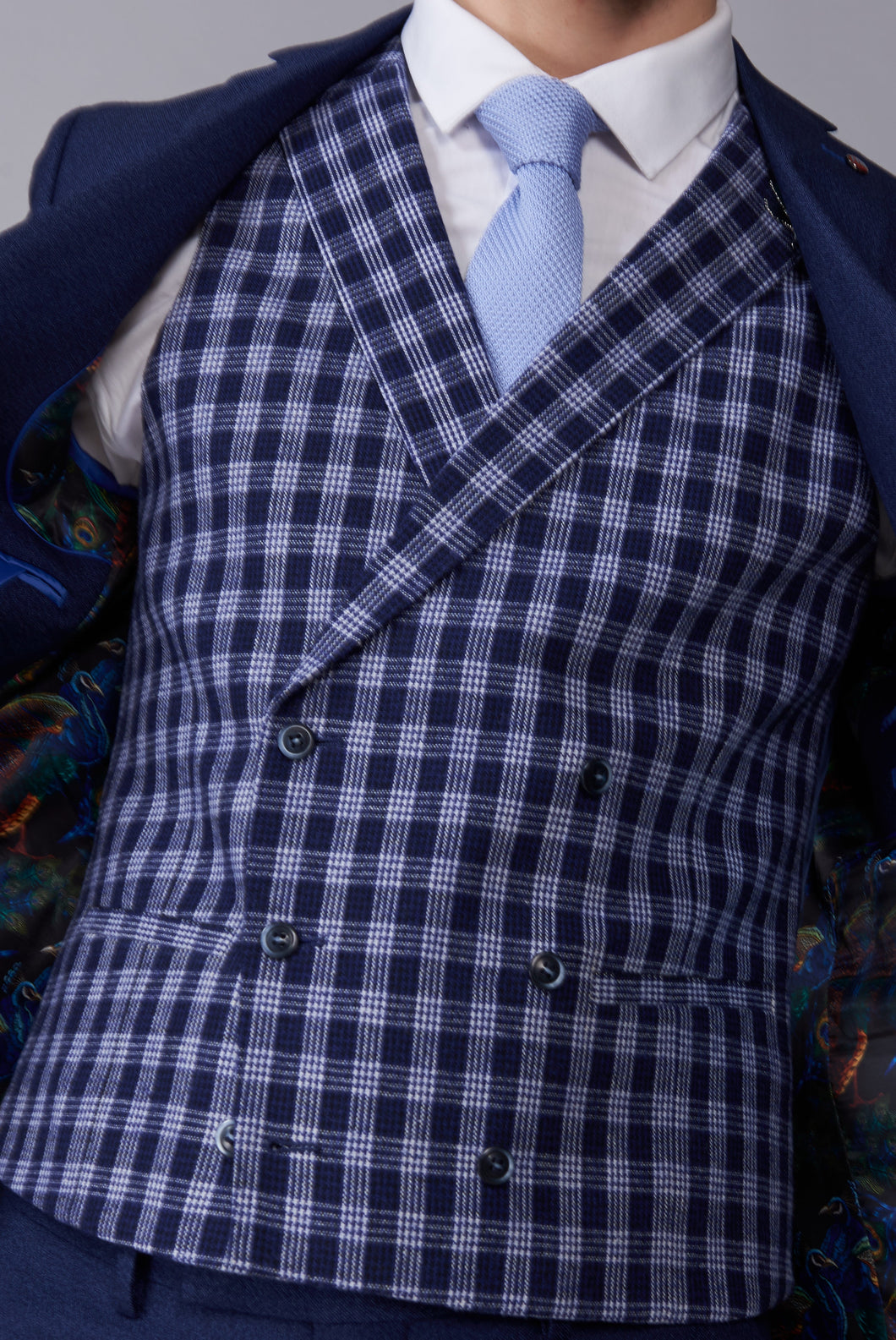 Thomas Blue & White Check Double Breasted Waistcoat RRP £59