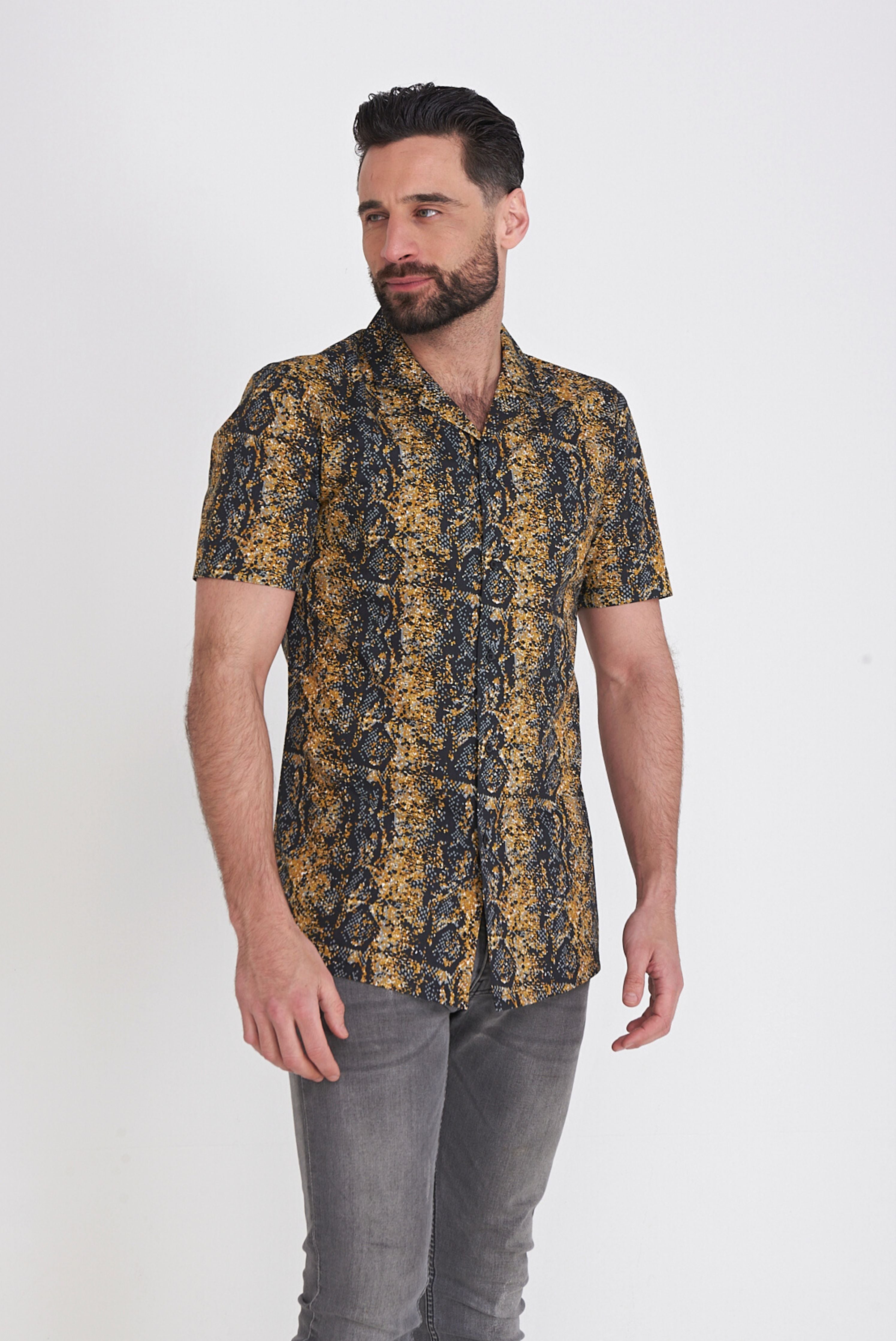 Harry Brown Mono Revere Collar Fashion Shirt in Black Gold Check RRP £80