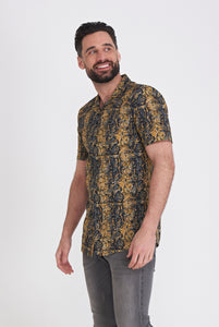 Harry Brown Mono Revere Collar Fashion Shirt in Black Gold Check RRP £80