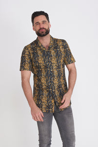 Harry Brown Mono Revere Collar Fashion Shirt in Black Gold Check RRP £80