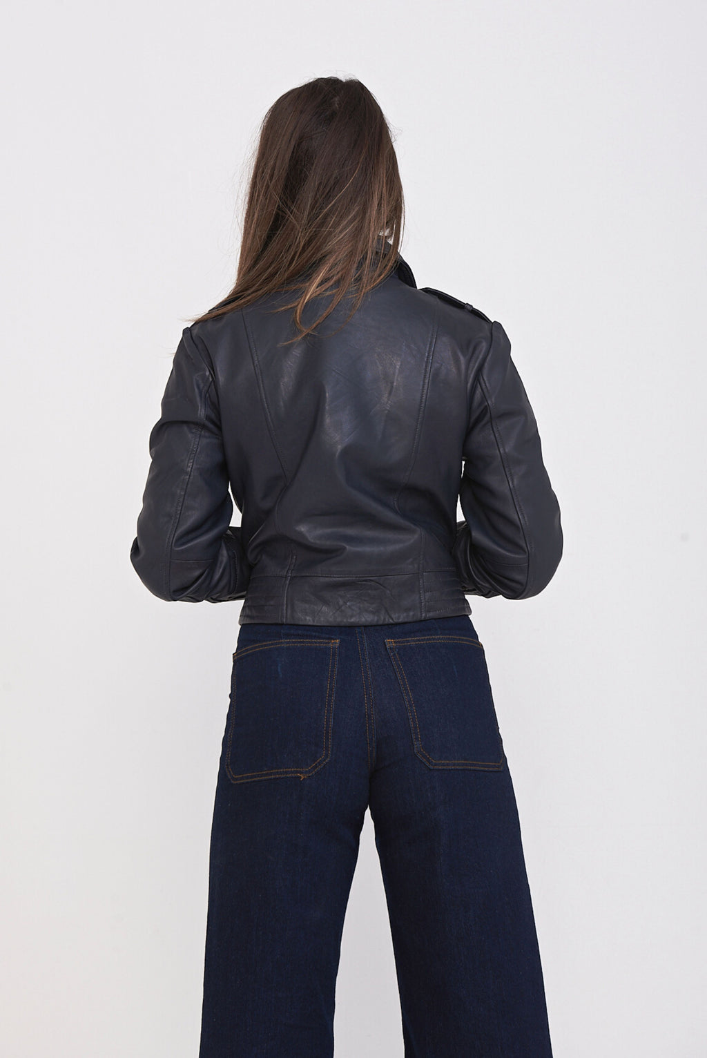 Elle Armin Leather Biker Jacket in Blue RRP £299