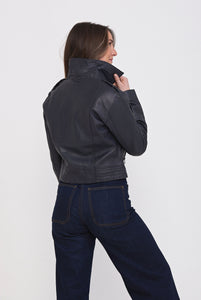 Elle Armin Leather Biker Jacket in Blue RRP £299