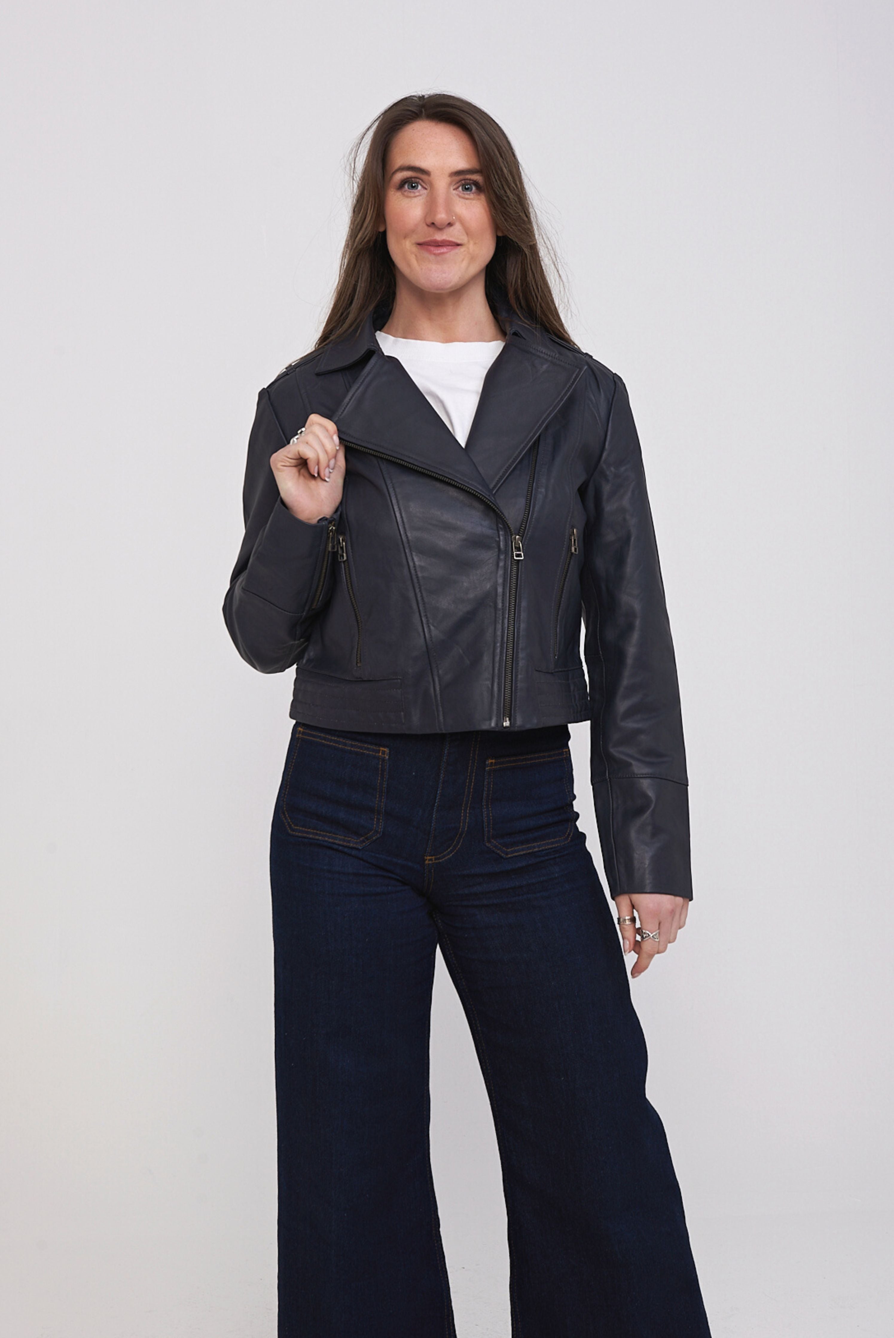 Elle Armin Leather Biker Jacket in Blue RRP £299
