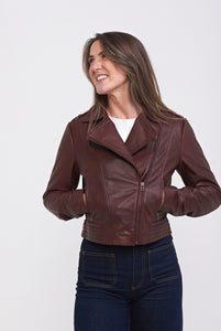 Elle Armin Leather Biker Jacket in Bordo RRP £299