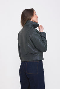 Elle Armin Leather Biker Jacket in Bottle Green RRP £299