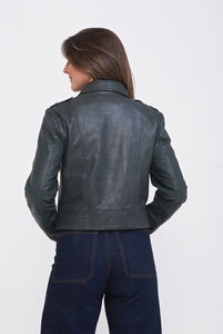 Elle Armin Leather Biker Jacket in Bottle Green RRP £299