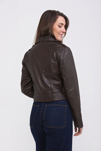 Elle Armin Leather Biker Jacket in Chocolate RRP £299