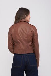 Elle Armin Leather Biker Jacket in Tan RRP £299