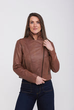 Load image into Gallery viewer, Elle Armin Leather Biker Jacket in Tan RRP £299
